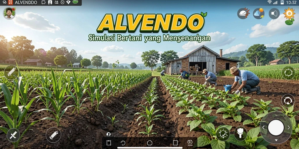 Screenshot gameplay ALVENDO menunjukkan kebun yang subur dan berwarna-warni.