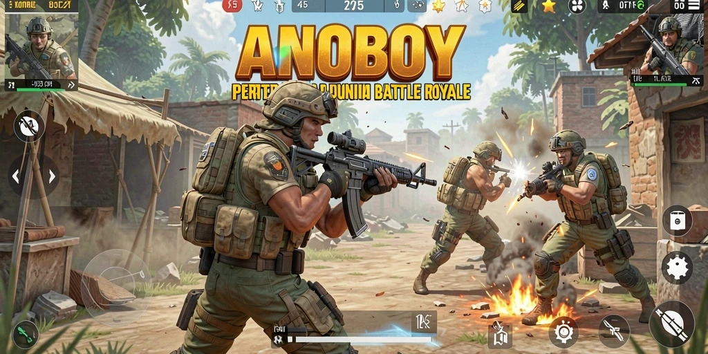 Screenshot ANOBOY menampilkan aksi pertempuran intens di Battle Royale.