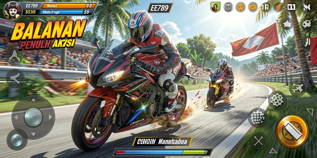 Tampilan gameplay balapan motor yang mendebarkan di EE789.
