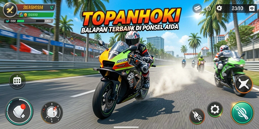 Screenshot gameplay TOPANHOKI dengan motor berkecepatan tinggi di lintasan balap.
